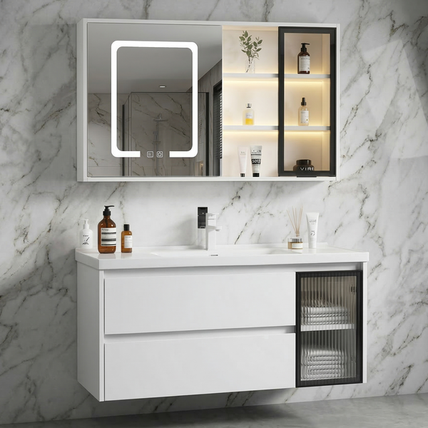 BASSINO Bathroom Vanity Cabinet Set – 40″ Plywood Vanity with Ceramic Basin & 38″ LED Mirror Cabinet