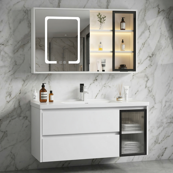 BASSINO Bathroom Vanity Cabinet Set – 40″ Plywood Vanity with Ceramic Basin & 38″ LED Mirror Cabinet