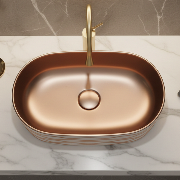 Bassino Luxury Table Top Wash Basin– 20 × 12 × 6 Inches | Matte Taupe Rose Gold Finish