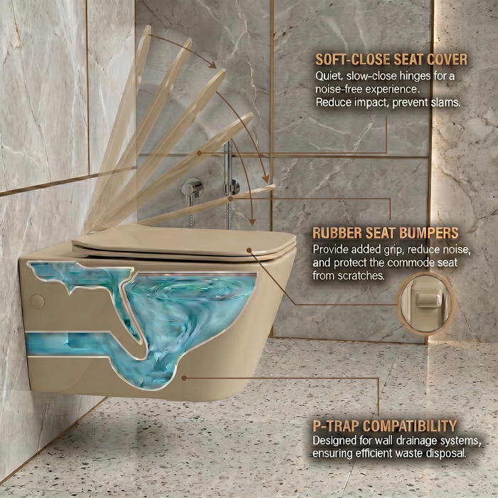 Bassino Wall Hung Toilet (21 x 13 x 14 Inches) – Matte Beige Rimless WC with Tornado Flushing | Modern Bathroom Toilet