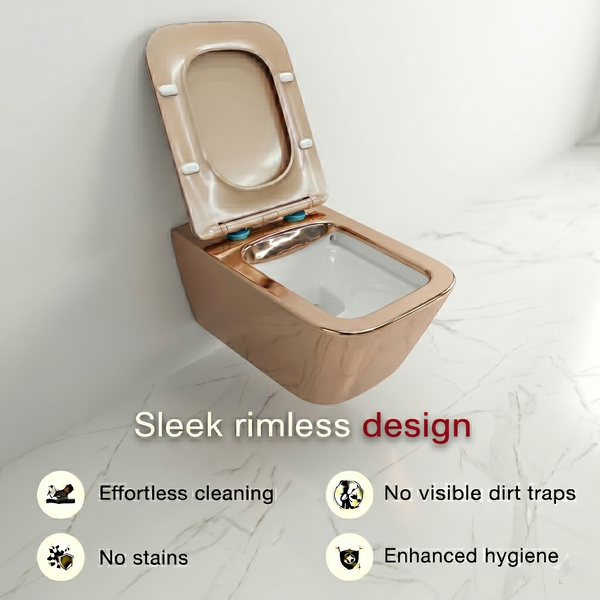 Bassino Wall Hung Toilet (21 x 13 x 14 Inches) – Rose Gold Rimless WC with UF Seat Cover | Luxury Designer Toilet