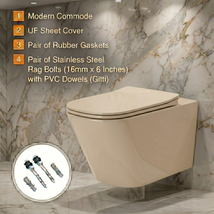 Bassino Wall Hung Toilet – Glossy Khakhi  | 20.5 x 13.5 x 14 Inches Modern WC