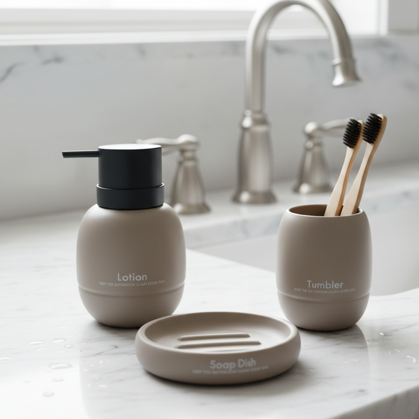 3-Piece Premium Ceramic Bathroom Accessory Set Beige