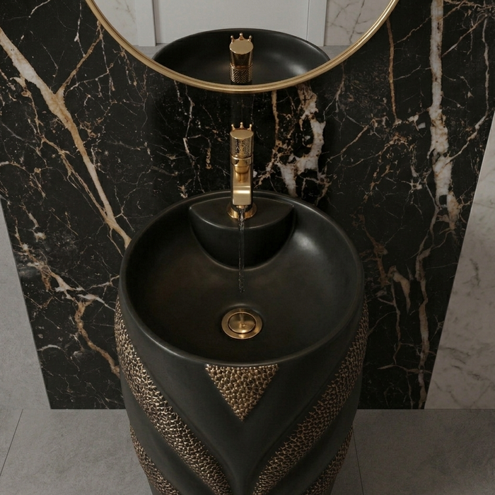 BASSINO Designer Pedestal Basin – 19″ x 15″ x 32″ in Floor Standing Ceramic Wash Basin | Luxury Black Pedestal Sink