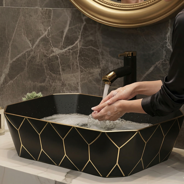 Premium Black Gold Ceramic Table Top Basin (20x14x6 In) BTT-1377