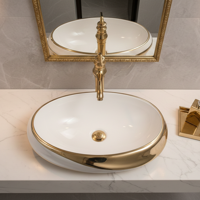 Premium Designer Ceramic Table Top Wash Basin, Gold Glossy (25 x 17.5 x 5 In) ZXTT/759
