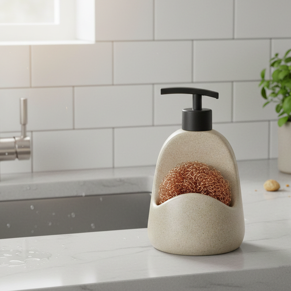 Dishwashing Soap Dispenser with Scrubber Holder - Liquid Soap Dispenser for Kitchen Sink Beige