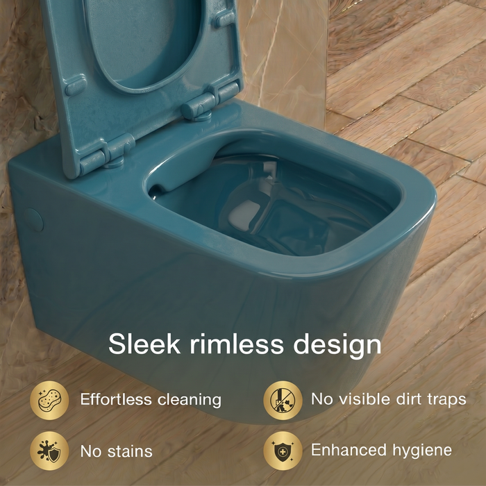 Bassino Wall Hung Toilet (21 x 13 x 14 Inches) – Matte Green Rimless WC with Tornado Flushing | Modern Designer Toilet