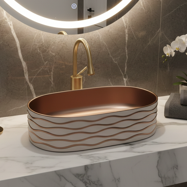 Bassino Luxury Table Top Wash Basin– 20 × 12 × 6 Inches | Matte Taupe Rose Gold Finish