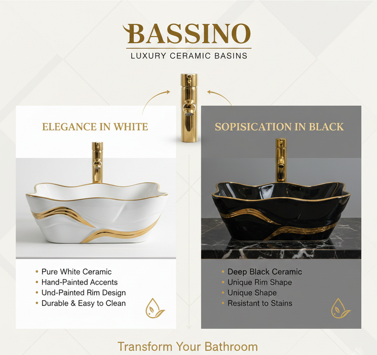 Premium Designer Ceramic Table Top Wash Basin, White & Black with Gold Glossy (20 x 15 x 6 In)