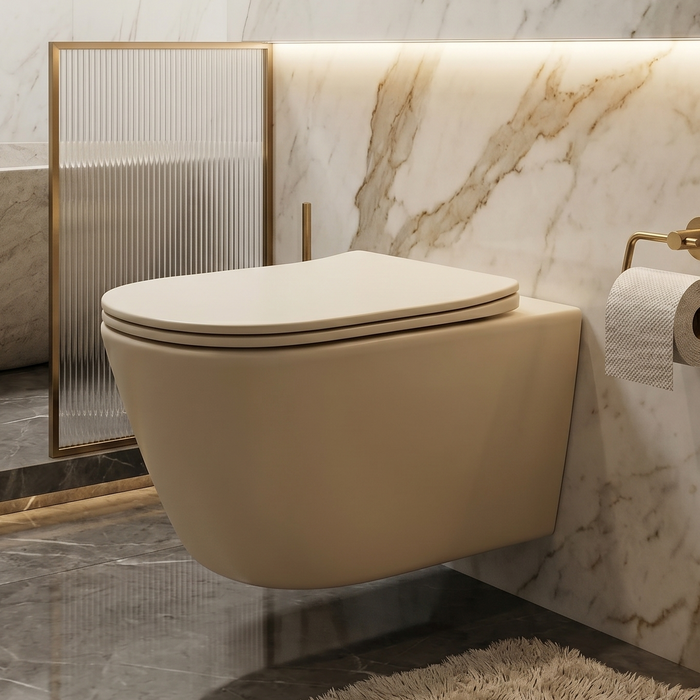 Bassino Wall Hung Toilet (21 x 13 x 14 Inches) – Matte Beige Rimless WC with Tornado Flushing | Modern Bathroom Toilet