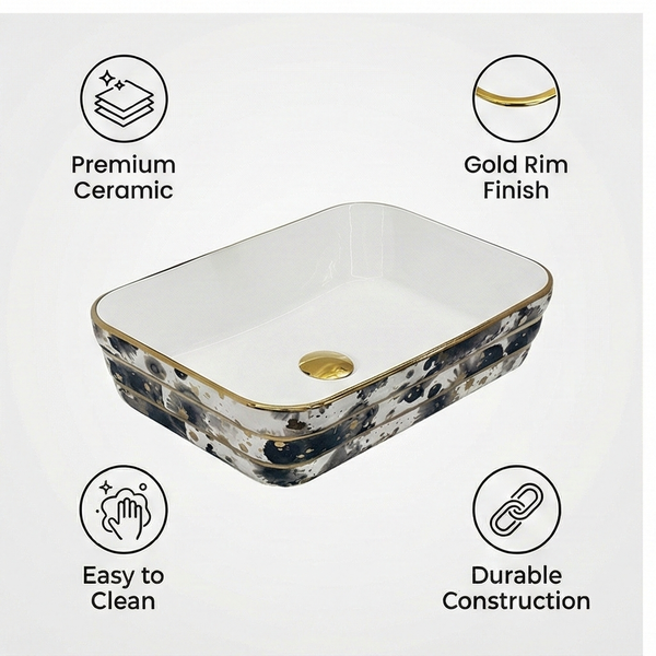 Designer Bathroom Sink with Golden Border & Glossy White Finish Rectangular Countertop Wash Basin (20" × 14" × 5" IN)