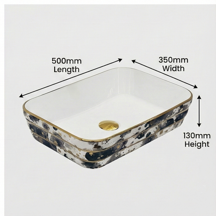 Designer Bathroom Sink with Golden Border & Glossy White Finish Rectangular Countertop Wash Basin (20" × 14" × 5" IN)