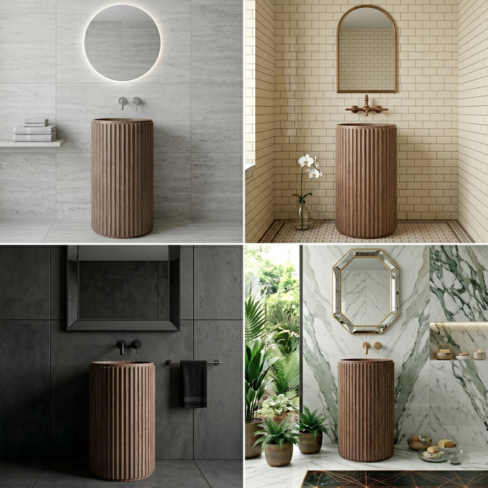 Bassino Wooden Texture Pedestal Basin – Artificial Stone (18×18×36 inch)