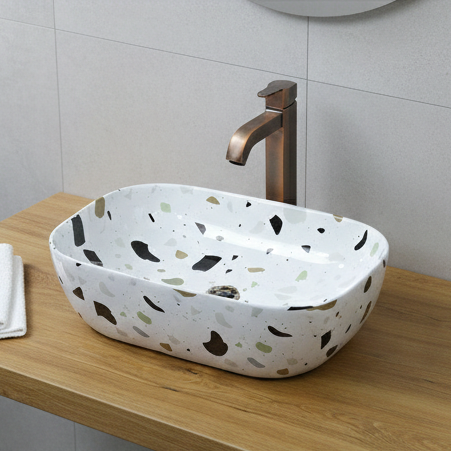 Premium Ceramic Table Top Wash Basin, White Terrazzo Marble (18 × 13 × 6 In) BTT-1042