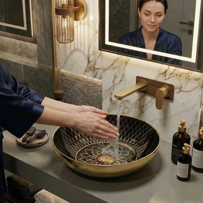 BASSINO Premium Moroccan Designer Obsidian Black/White & Gold Tabletop Basin (16x16x6 Inch)