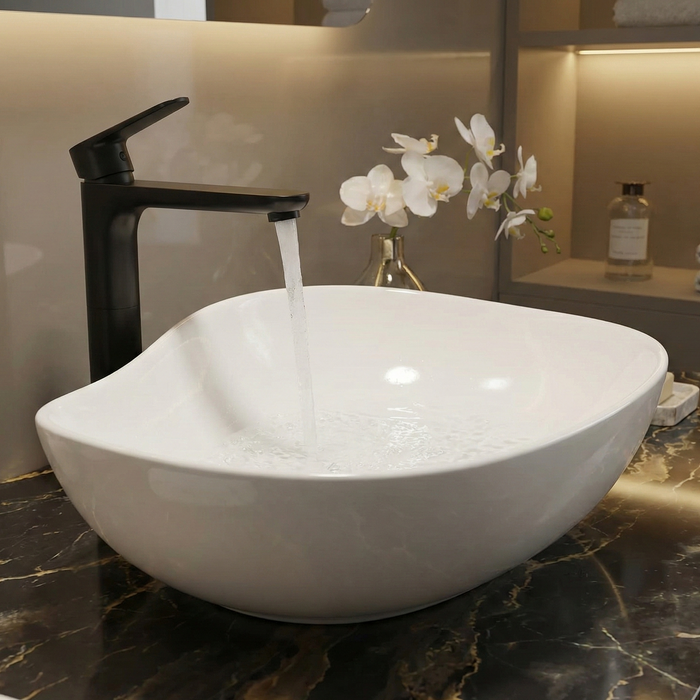 Premium Ceramic Table Top Wash Basin, White Glossy (20.5 x 15 x 7.5 In) WT-091