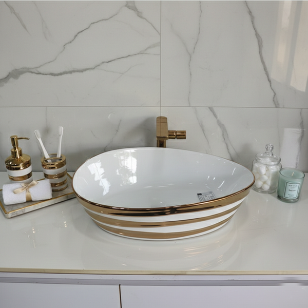 Premium Designer Ceramic Table Top Wash Basin, Black, Gold & Rose Gold Finish (22 x 14 x 6.5 In) Rose gold