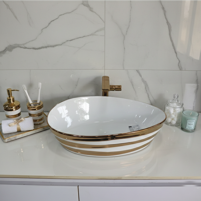 Premium Designer Ceramic Table Top Wash Basin, Black, Gold & Rose Gold Finish (22 x 14 x 6.5 In)