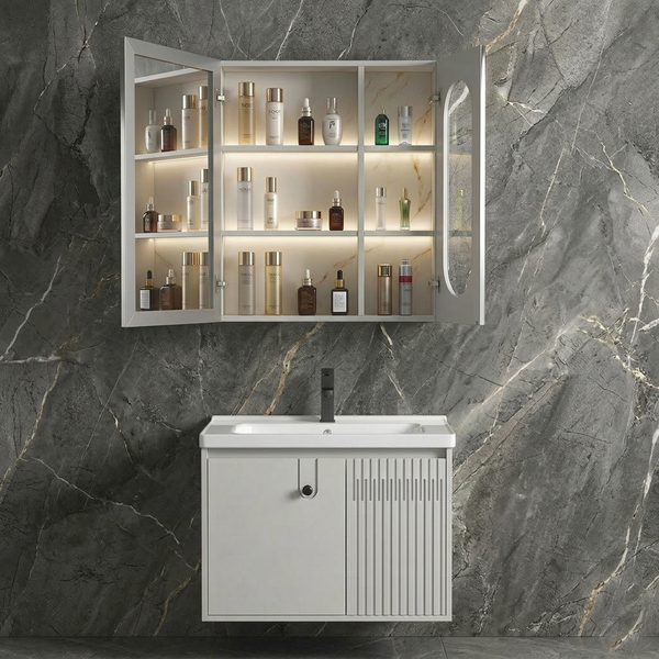 BASSINO Bathroom Vanity Cabinet Set – 24″ Plywood Vanity with Ceramic Basin & 30″ LED Mirror Cabinet