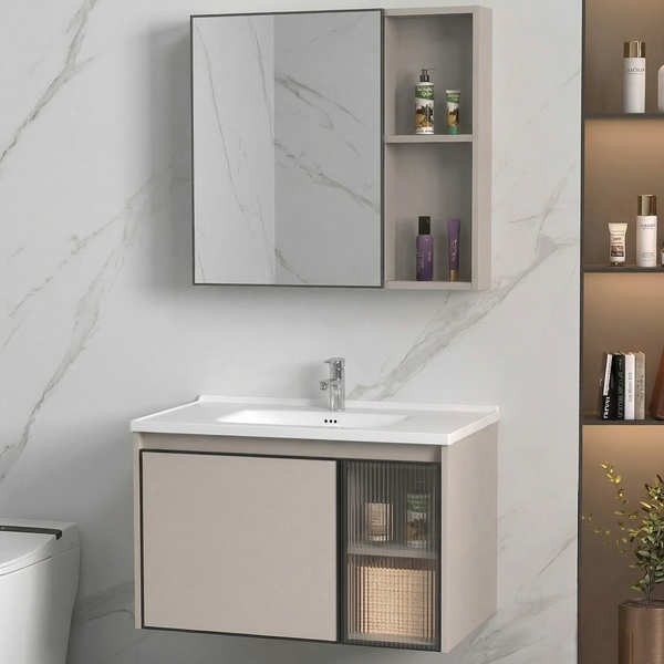 BASSINO Bathroom Vanity Cabinet Set – 32″ Wall Mounted Carbon Fiber Vanity with Ceramic Basin & Mirror Cabinet