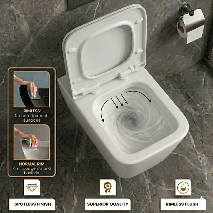 Bassino Wall Hung Rimless Toilet – White Glossy Finish with UF Seat Cover | Modern Compact WC | | 20.5 x 13.5 x 14 inches