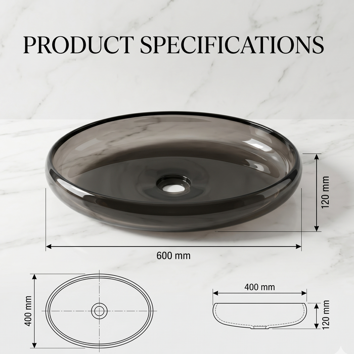 Bassino Modern Transparent Resin Wash Basin | Stylish Countertop Wash Basin for Bathroom –600x400x120 mm Black