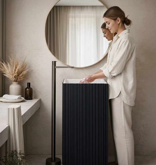 Textured Black Pedestal Basin | Luxury Artificial Stone Freestanding Wash Basin 16″ × 16″ × 34″ In