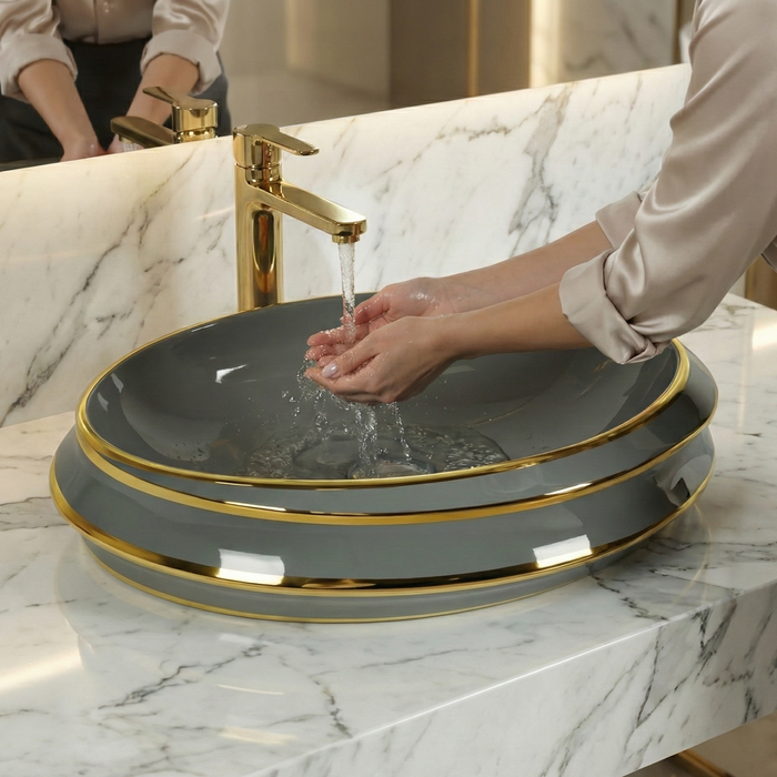 Luxury Grey & Gold Countertop Wash Basin | Modern Designer Table Top Basin (24" × 16" × 6" IN)