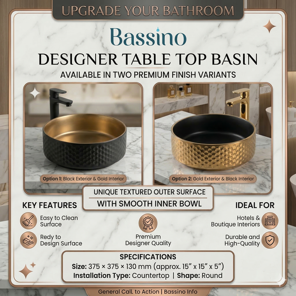 BASSINO Designer Table Top Basin – Luxury Round Countertop Wash Basin | Dual Finish Variants Gold (Size: 15″ × 15″ × 5″)