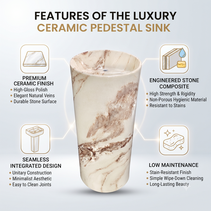 Bassino 15″ Round Ivory Marble-Effect Ceramic Pedestal Wash Basin – Glossy Finish (15″ × 15″ × 33″)