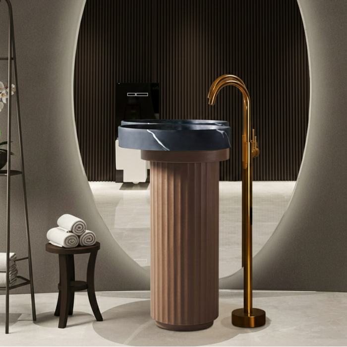 Luxury Fluted Pedestal | Sculptural Two-Tone Design Artificial Stone Pedestal Basin 19″ × 19″ × 34″ In