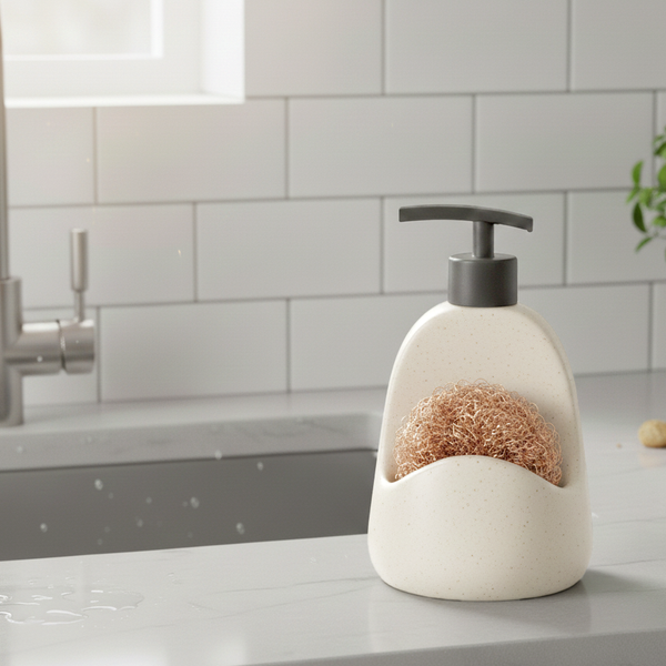 Dishwashing Soap Dispenser with Scrubber Holder - Liquid Soap Dispenser for Kitchen Sink Beige