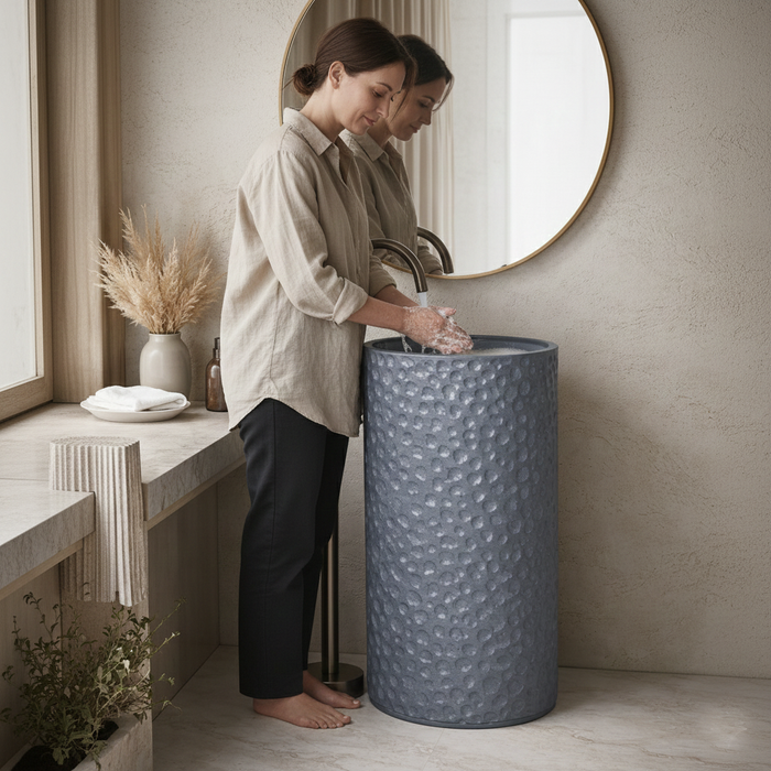 Matt Grey Textured Pedestal Basin | Modern Artificial Stone Freestanding Wash Basin 17.5″ × 17.5″ × 34″ In