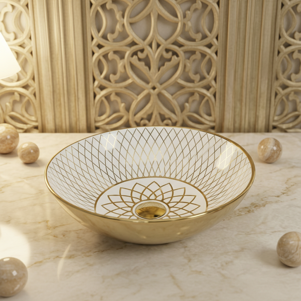 BASSINO Premium Moroccan Designer Obsidian White & Gold Tabletop Basin (16x16x6 Inch) White
