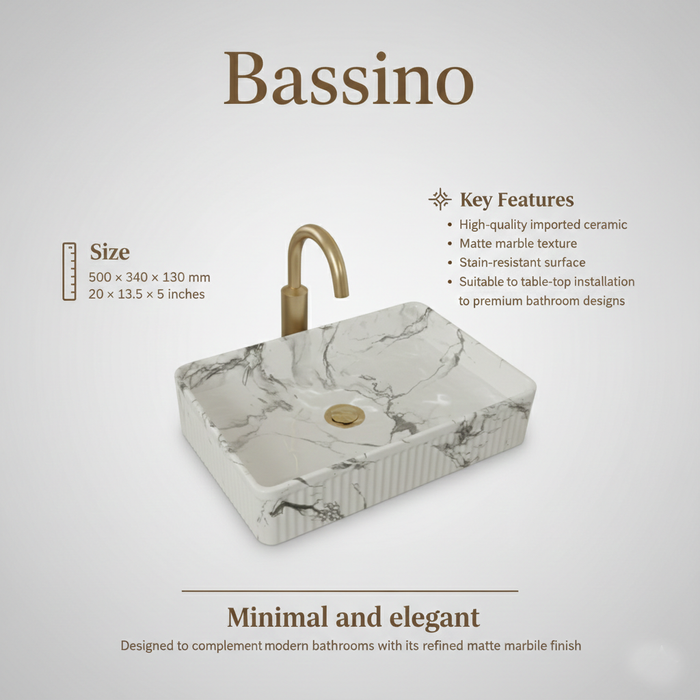 Bassino fluted Matte Marble Table Top Wash Basin 20 × 13.5 × 5 Inches | Luxury Imported Wash Basin