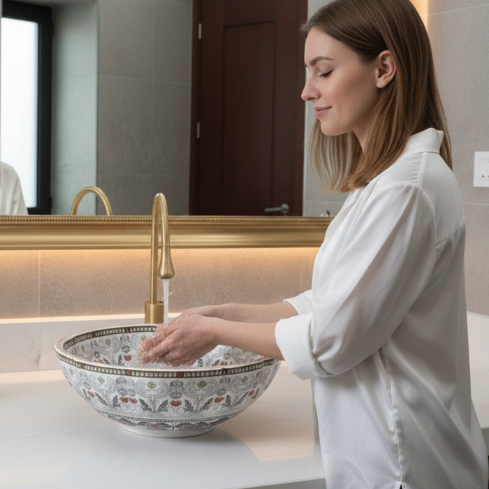 Bassino Designer Table Top Wash Basin– 16.5 × 16.5 × 6 Inches | Imported Luxury Basin