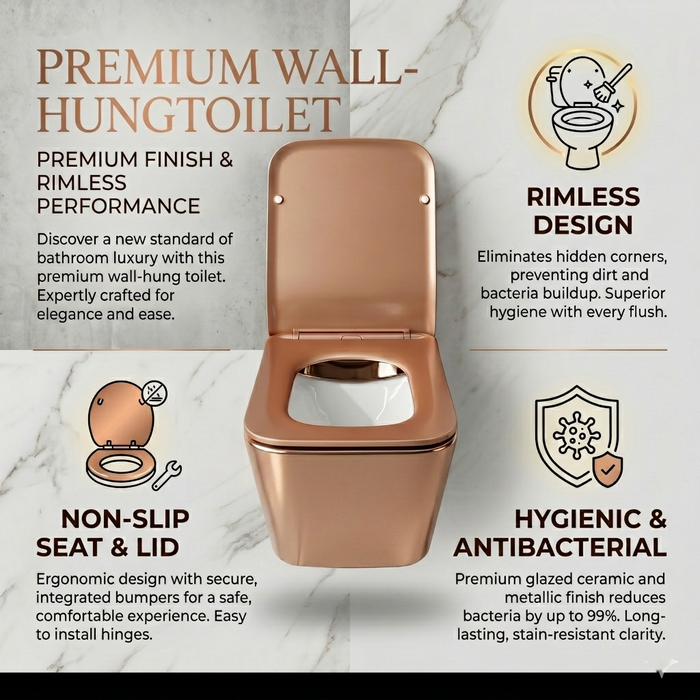 Bassino Wall Hung Toilet (21 x 13 x 14 Inches) – Rose Gold Rimless WC with UF Seat Cover | Luxury Designer Toilet