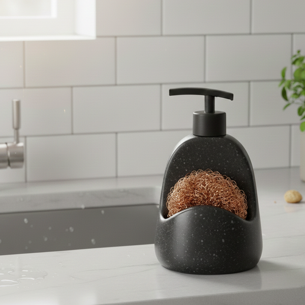 Dishwashing Soap Dispenser with Scrubber Holder - Liquid Soap Dispenser for Kitchen Sink Black
