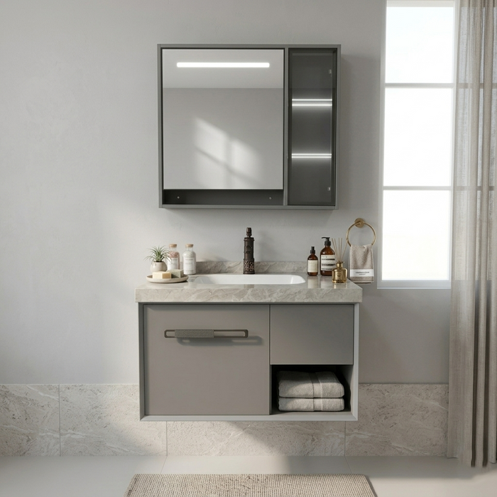 BASSINO Bathroom Vanity Cabinet Set – 32″ Plywood Vanity with Rock Slate Seamless Basin & 30″ LED Mirror Cabinet