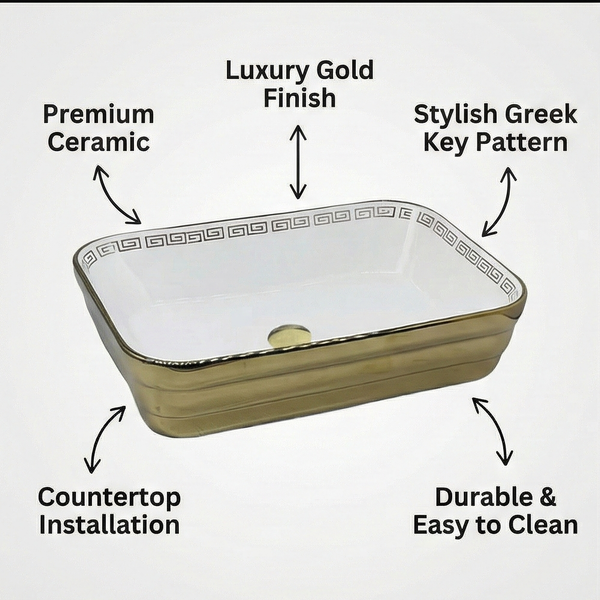 Designer Bathroom Sink with Golden Border & Glossy White Finish Rectangular Countertop Wash Basin (20" × 14" × 5" IN)