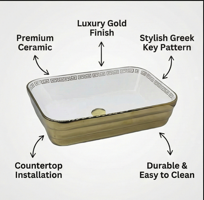 Designer Bathroom Sink with Golden Border & Glossy White Finish Rectangular Countertop Wash Basin (20" × 14" × 5" IN)