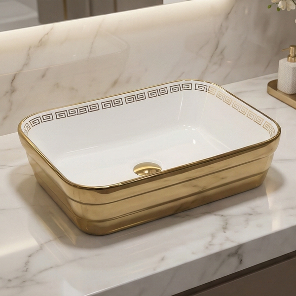Designer Bathroom Sink with Golden Border & Glossy White Finish Rectangular Countertop Wash Basin (20" × 14" × 5" IN)