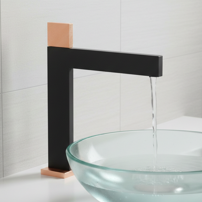 Premium Brass Tall Basin Mixer Faucet, Black Body with Rose Gold Handle (Hot & Cold) NCGF-514 – 5 Years Warranty