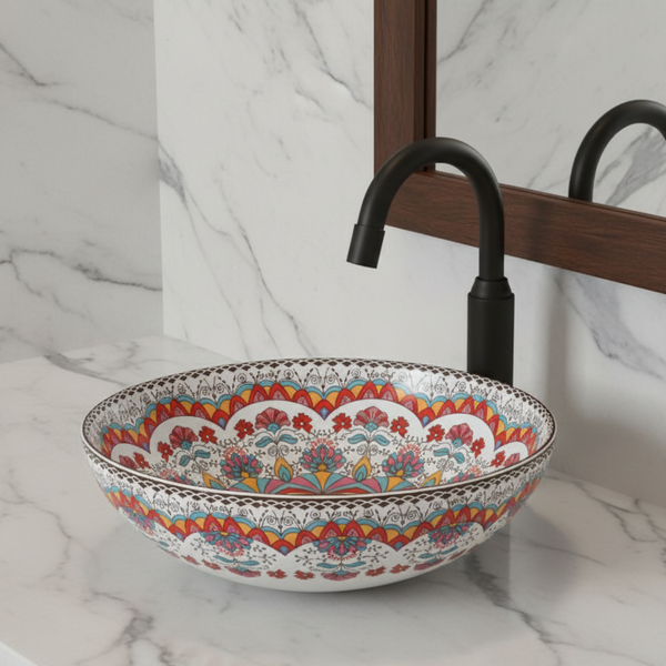 Designer Round Ceramic Countertop Basin (Multicolor Pattern  16 x 16 x 5 In- AB674)