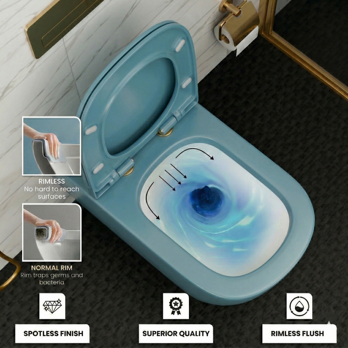 Bassino Matt Kohler Blue Wall Hung Toilet – Rimless WC with UF Seat Cover | 20.5 x 13.5 x 14 Inches