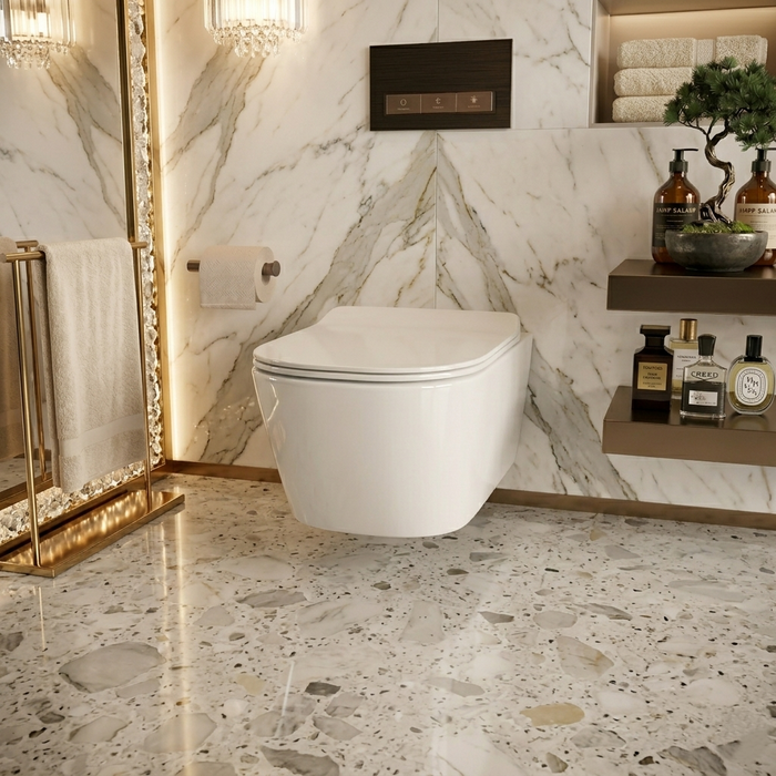 Bassino Wall Hung Rimless Toilet – White Glossy Finish with UF Seat Cover | Modern Compact WC | | 20.5 x 13.5 x 14 inches