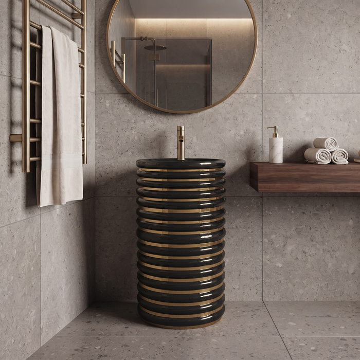 Black & Gold Designer Pedestal Wash Basin – 17.3 × 17.3 × 32.3 Inch | Luxury Floor Standing Basin