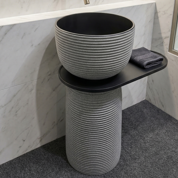 Luxury Pedestal Wash Basin with Side Shelf | Artificial Stone Freestanding Basin | Shivling Design - 23.5″ × 16″ × 34″ In Black-Grey
