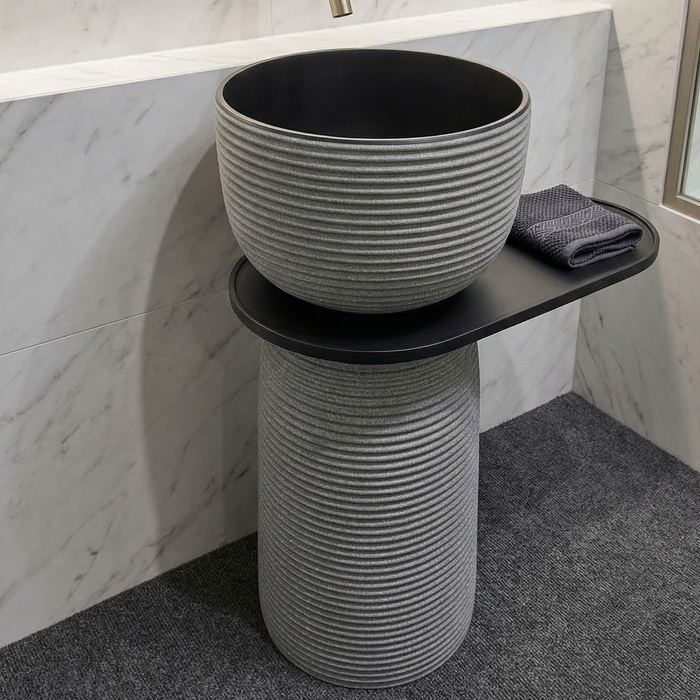 Luxury Pedestal Wash Basin with Side Shelf | Artificial Stone Freestanding Basin | Shivling Design - 23.5″ × 16″ × 34″ In Black-Grey